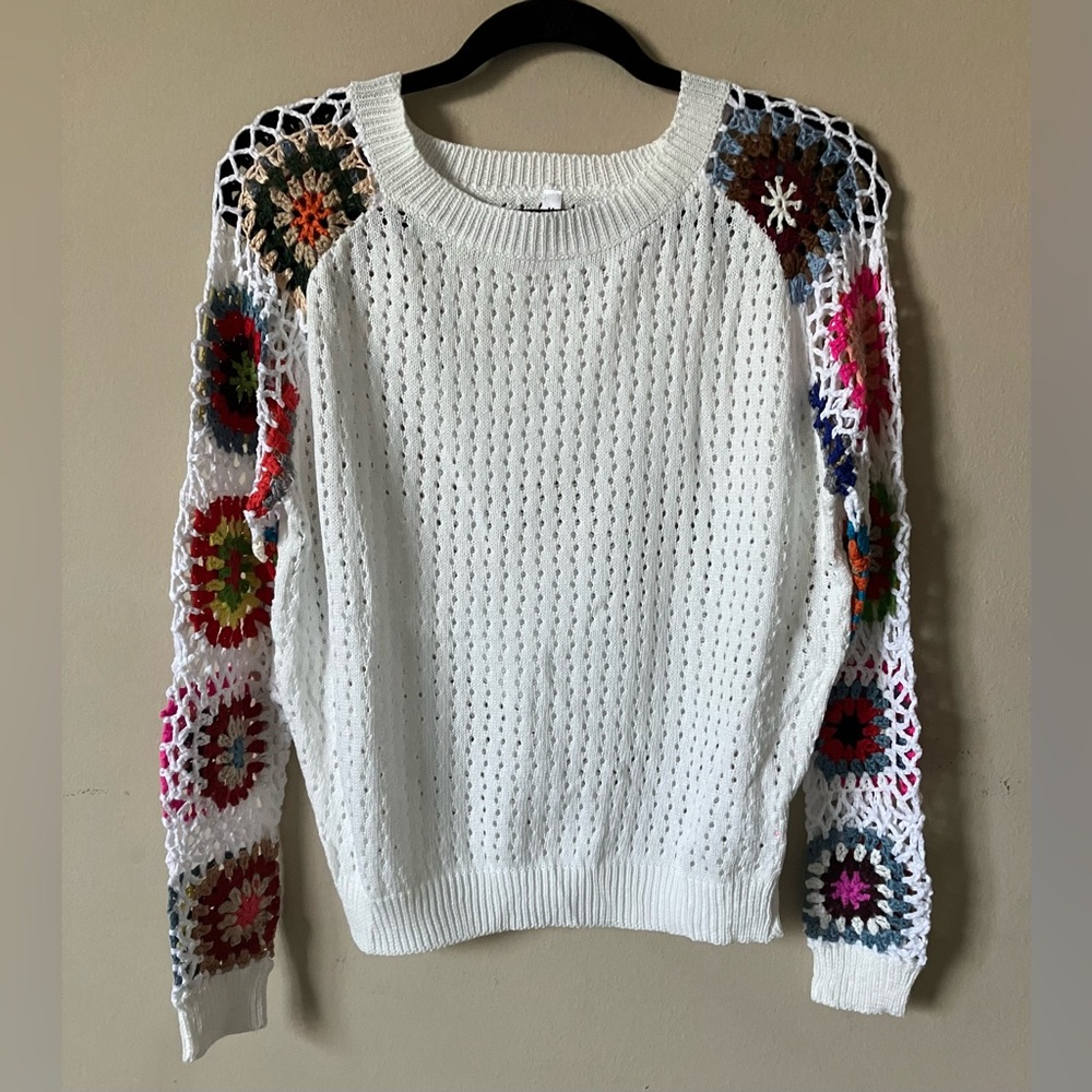 BOHO Colorful Crochet Sleeve Sweater NWOT